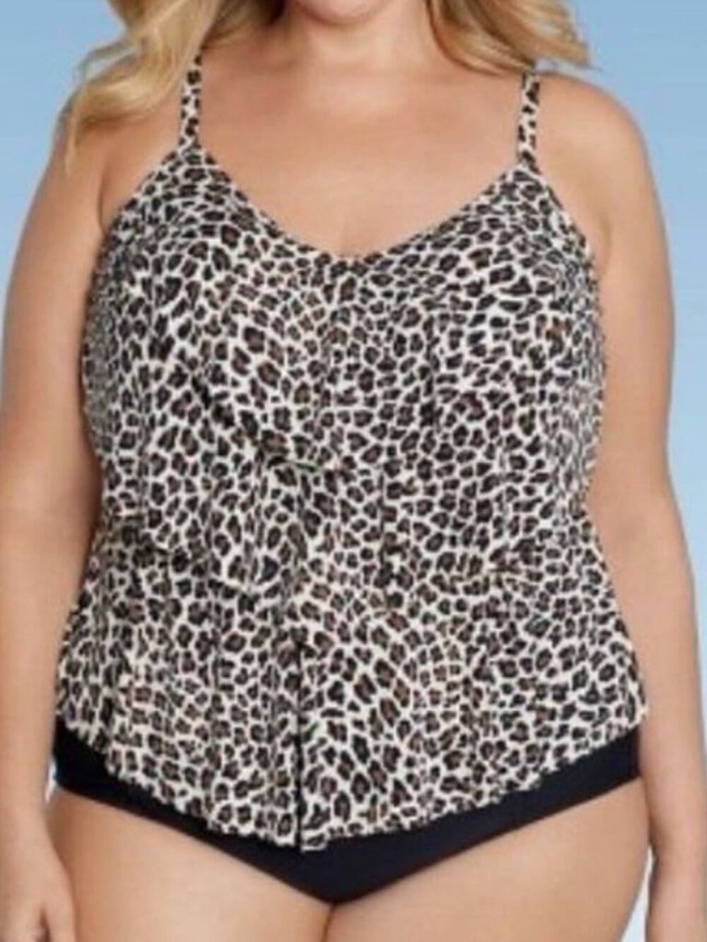Aqua Green Tiered Tankini Top, Leopard print, NWT, Size 1X (14-16)